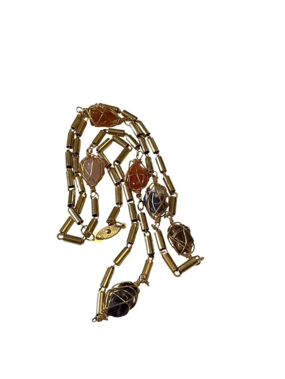 Long Gold Tone Necklace With Caged Gemstones Vintage Station Necklace  Amethyst